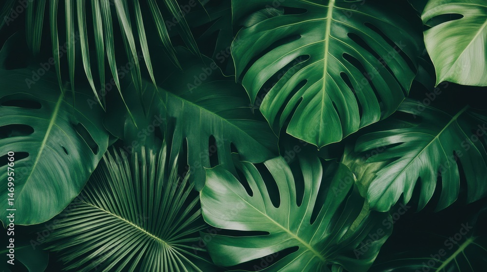 Fototapeta premium Vibrant green tropical leaves background with monstera and palm foliage