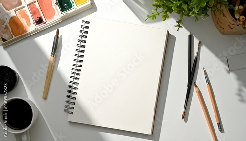 Blank Sketchbook with Art Supplies and Sunlight on White Table