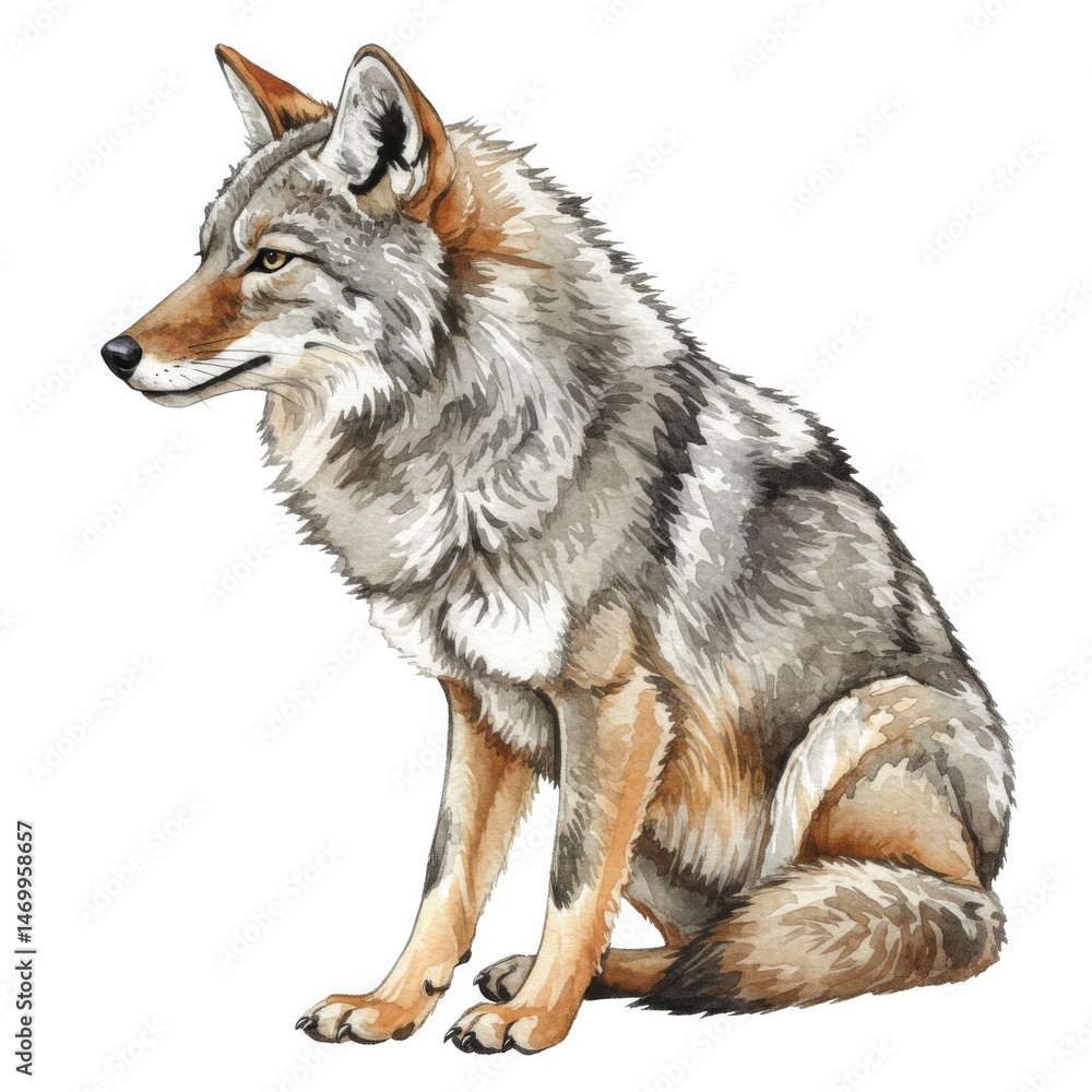 Gray and Brown Coyote Sitting in Profile Gray and Brown Coyote Sitting in Profile