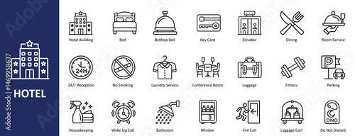 Hotel Outline Vector Icon Set – Travel, Tourism, and Accommodation Icons