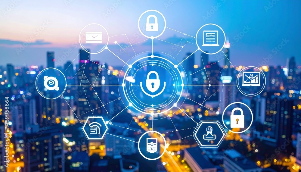 Fototapeta premium Data protection and compliance icons concept on digital interface over cityscape.