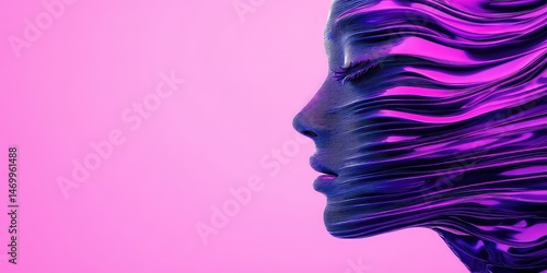 Artistic representation of a woman's profile with flowing layers in vibrant pink and purple hues