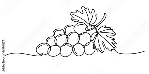 set of black Line Art Grape Bunches with Leaves, Single Line Drawing of Grapes with Leaf, Grapes in continuous line art drawing style, 