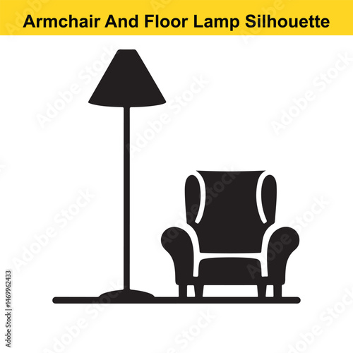 Living Room Icon: Armchair and Floor Lamp Silhouette. Living, room, interior, furniture, armchair, chair, seat