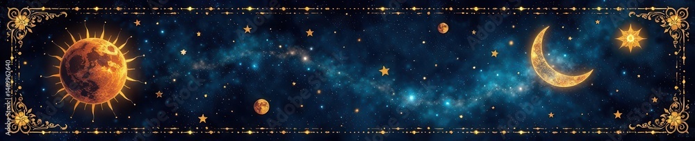 Fototapeta premium Golden celestial frame, mystical boho style, stars, moons, suns , spiritual, mystical