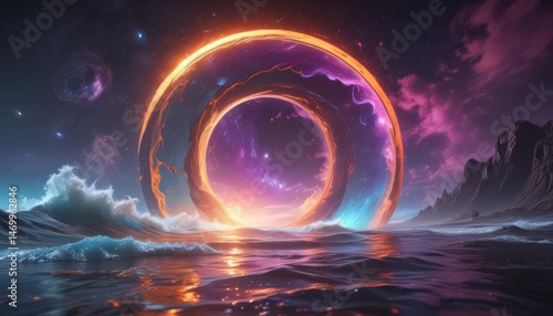 Cosmic energy flows, waves distort space, portal shines, vibrant colors ,  glow,  blue,  otherworldly