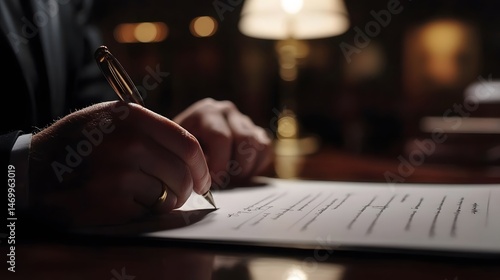 Close-Up of Lawyer’s Hands Signing Important Legal Documents with Precision in Professional Office Environment