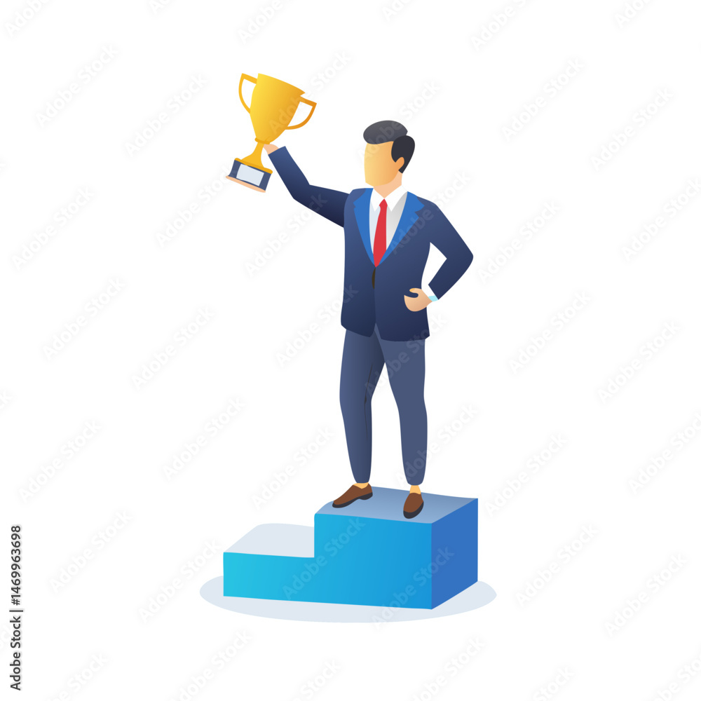 Businessman holding trophy celebrating success and achievement on a podium Businessman holding trophy celebrating success and achievement on a podium