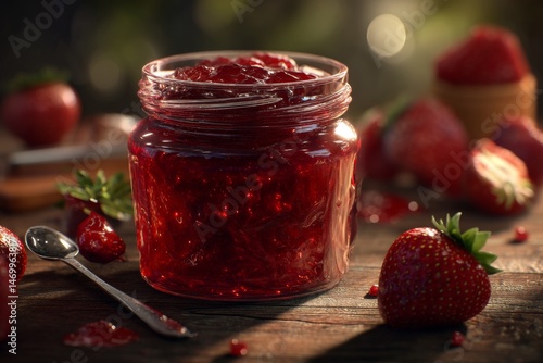 Wallpaper Mural A jar of glistening strawberry jam is surrounded by fresh ripe strawberries on a wooden table. Torontodigital.ca