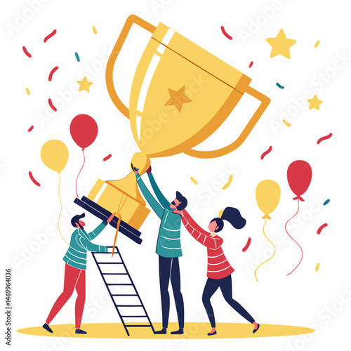 Team celebrating victory by lifting trophy achieving success and recognition