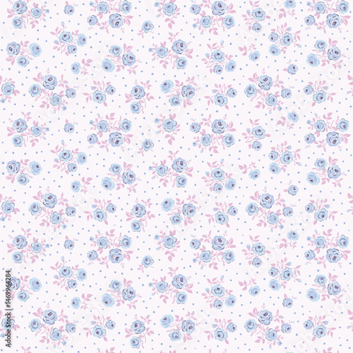 Seamless Pastel Blue Rose Floral Pattern with Pink Leaves and Polka Dot Background