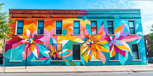 Colorful floral mural on brick building facade street art with vibrant colors