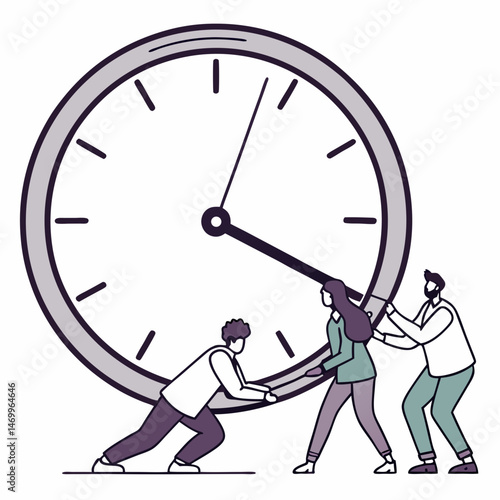 Teamwork and time management concept three people moving the hands of a clock