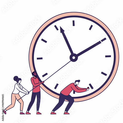 Team effort struggling to move giant clock representing time management concept