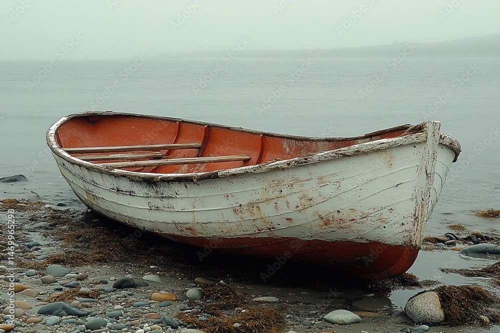 A rowboat abandoned on the shore after fishing A rowboat abandoned on the shore after fishing