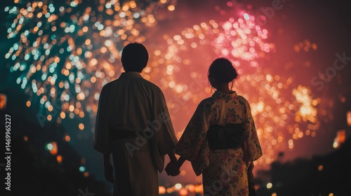 花火を見上げる恋人たちの後ろ姿と夜のきらめき