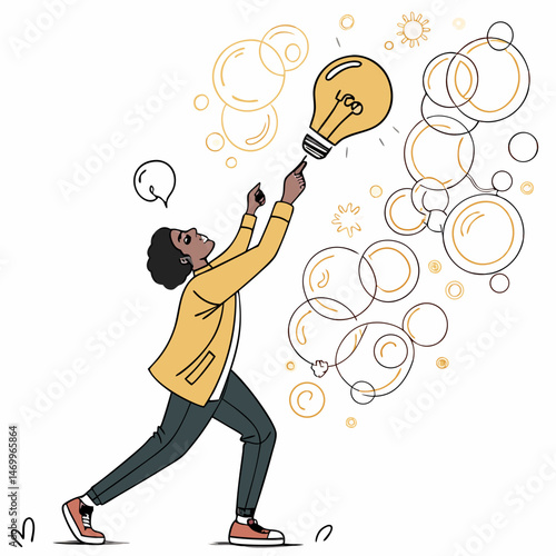 Excited person reaching towards a light bulb symbolizing a brilliant new idea