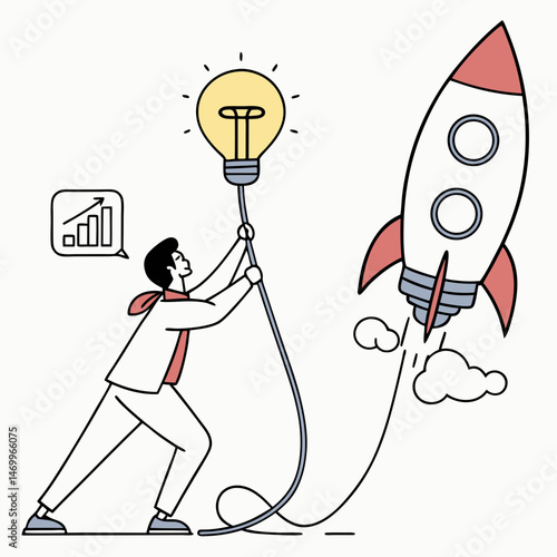 Businessman launching a rocket propelled by a lightbulb symbolizing innovative ideas and growth