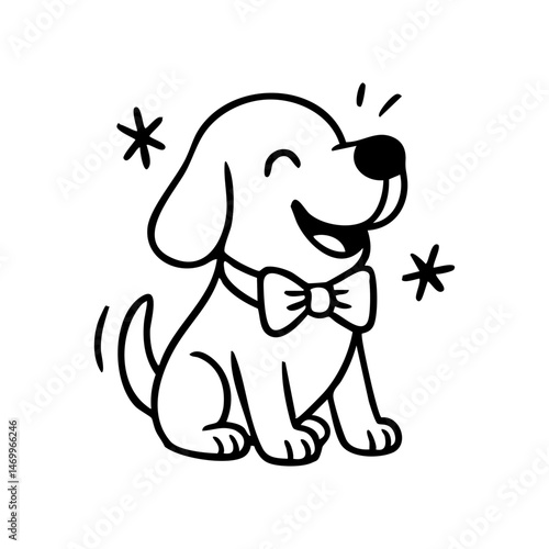 A smiling dog sitting straight, chest puffed out, wearing a bowtie or bandana, looking pleased with itself.