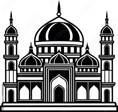 Elegant vector Silhouette of a mosque with domes and minarets, perfect for Ramadan, Eid, and Islamic celebrations.
