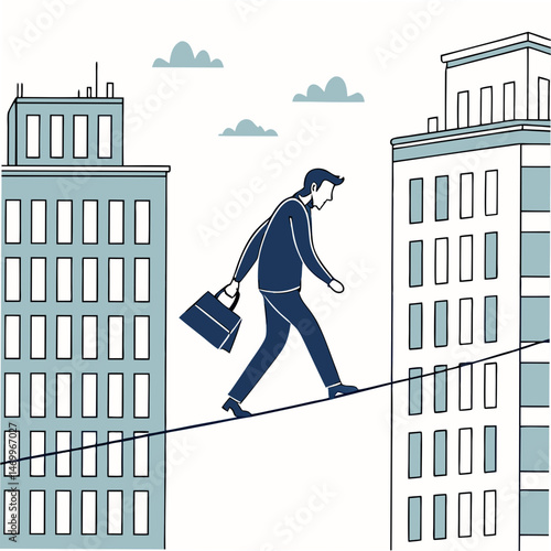 Businessman balancing on tightrope between skyscrapers depicting risk and challenge