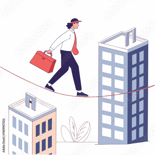 Business person balancing on tightrope in an urban cityscape metaphor illustration