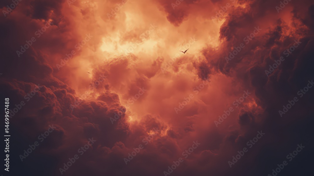 Dramatic Fiery Orange and Red Cloudscape with a Bird Silhouette Dramatic Fiery Orange and Red Cloudscape with a Bird Silhouette