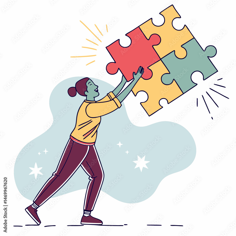 Fototapeta premium Woman solves the puzzle a symbolic representation of problem solving and teamwork