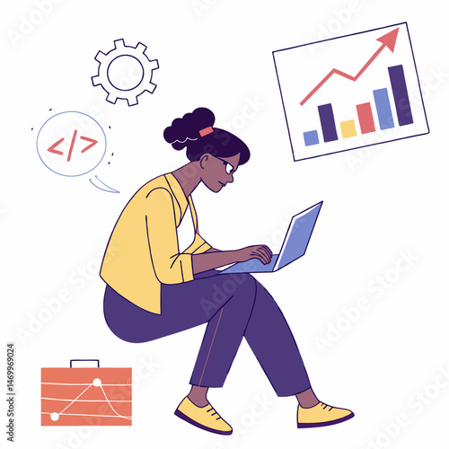 Software developer working on laptop analyzing growing business statistics and progress