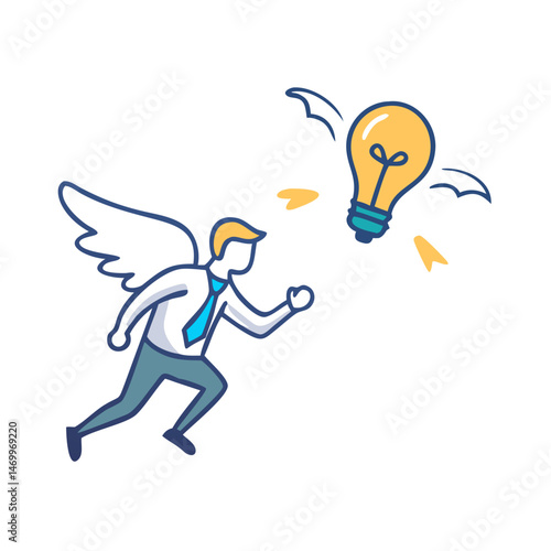 Businessman with wings chasing a flying idea depicted with transparency