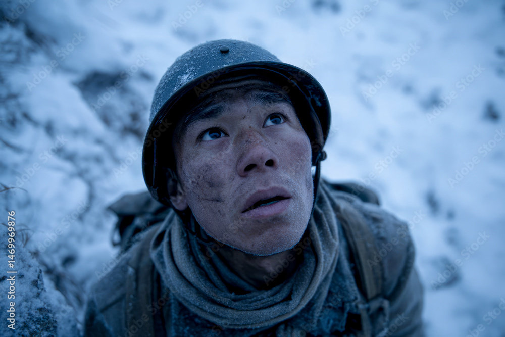 Japanese Soldier in Heavy Snow: Emotional Close-Up Japanese Soldier in Heavy Snow: Emotional Close-Up