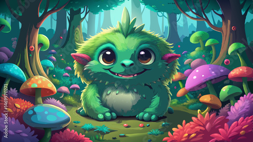 Adorable Green Monster in a Magical Mushroom Forest