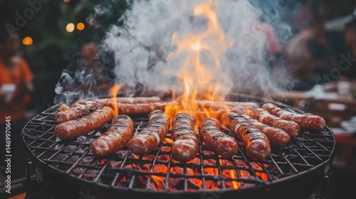 A vibrant image of sausages arranged on a barbecue grill, with flames licking the edges and a smoky atmosphere that captures the essence of outdoor cooking.