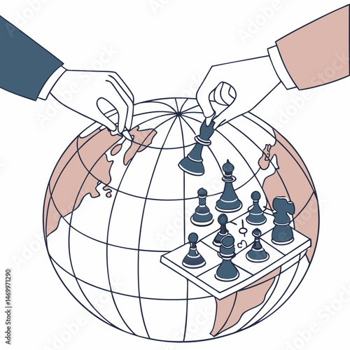Global strategy concept with hands moving chess pieces on a globe vector illustration