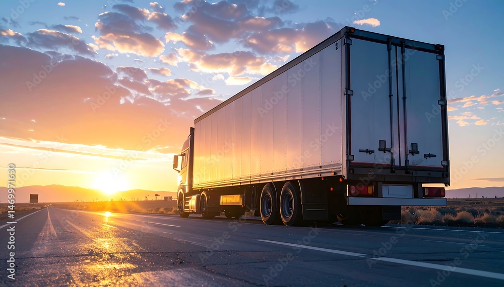 White Semi-Truck on Highway at Sunset White Semi-Truck on Highway at Sunset