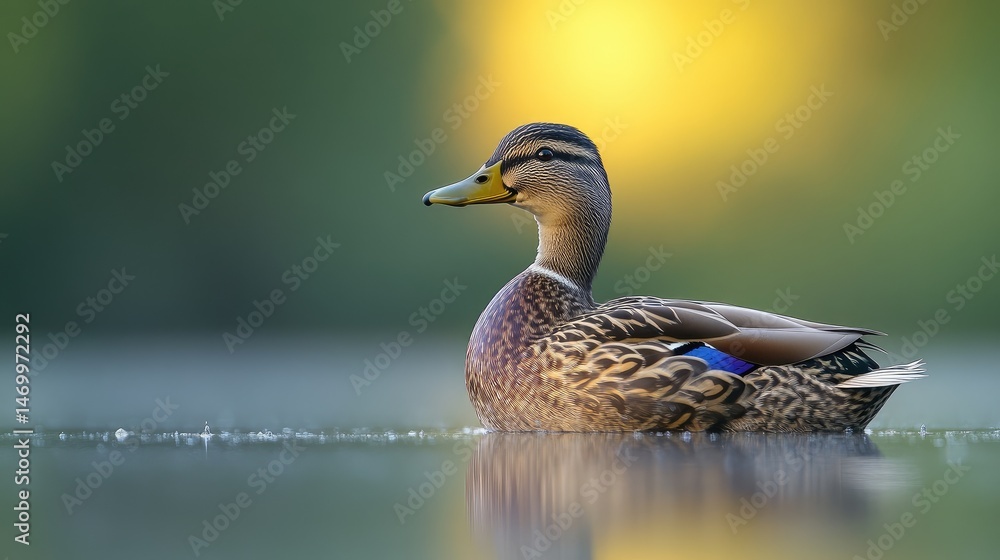 Fototapeta premium Female mallard swimming lake sunset nature wildlife
