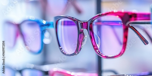 Close-up view of colorful eyeglasses on display.