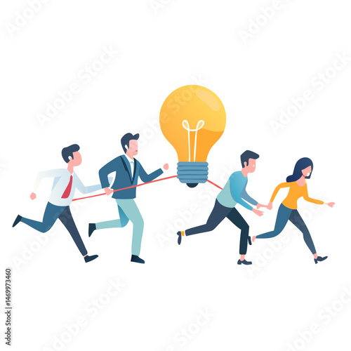 Team of people collaboratively pursuing an idea or concept with a lightbulb