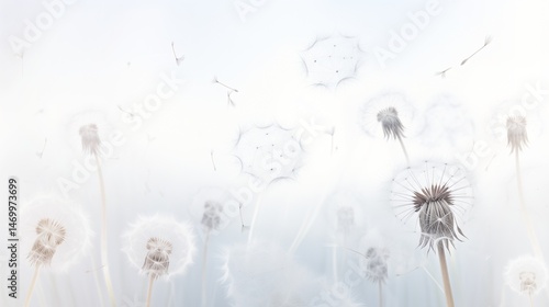 Fluffy dandelion seed texture, delicate floating details, with white background