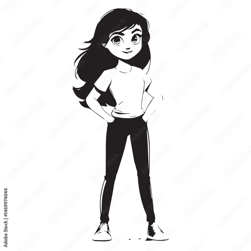 Fototapeta premium Confident Cartoon Girl Posing With Hands On Hips In Black And White Vector Illustration