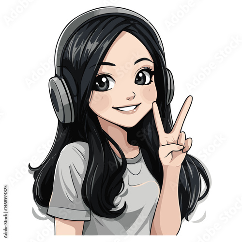 Anime Girl With Headphones Peace Sign Vector Illustration Graphic Art Style Cute Long Hair Avatar Mascot Design