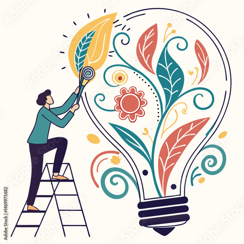Man cultivating the growth of new ideas and creativity within a lightbulb.