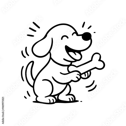 A dog lying down, front paws hugging a large bone, licking it happily.