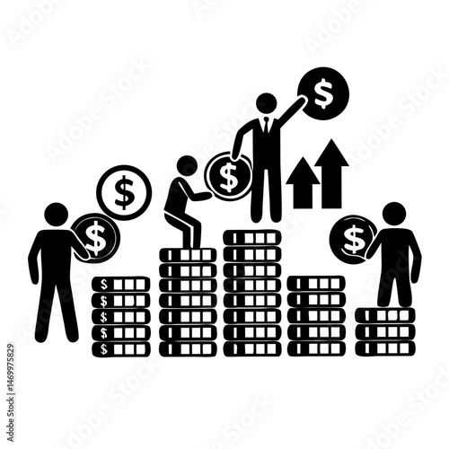 Entrepreneurs building a tower of coins depicted as a black silhouette on a white background