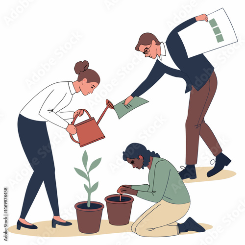 Planting and nurturing growth three individuals working together on project or goal