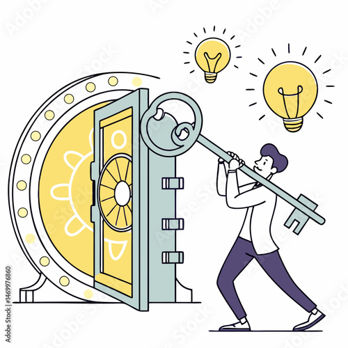 Businessman unlocking the vault to a brilliant idea with a key illustration