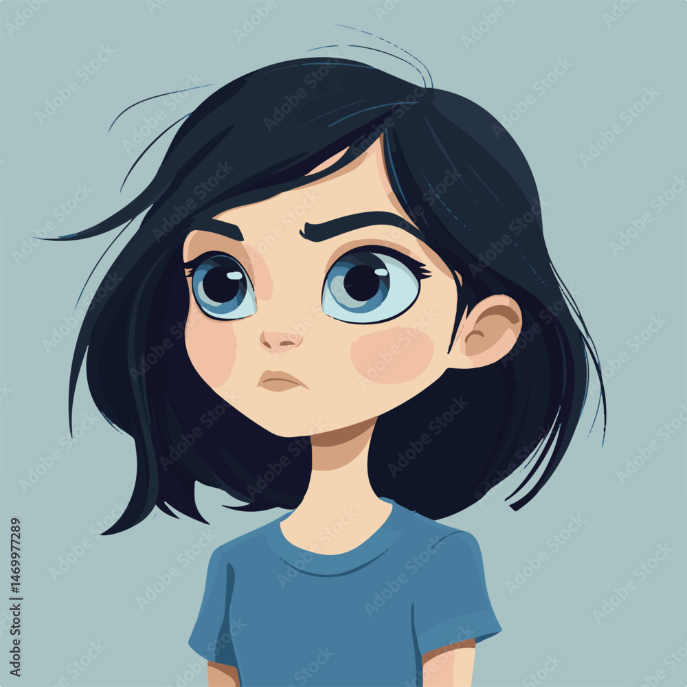 Cartoon Girl With Big Blue Eyes And Dark Hair Digital Illustration Cartoon Girl With Big Blue Eyes And Dark Hair Digital Illustration
