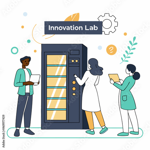 Innovation lab team exploring new technologies and designs illustration