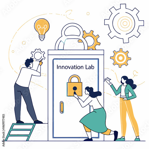 Team working together to unlock the innovation lab for creative collaboration and ideas
