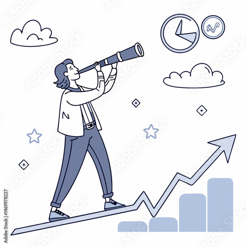 Visionary leader observing financial growth with telescope and futuristic data analytics